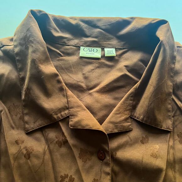 W CATO Button Up Short Sleeve Brown Floral w Shoulder Pads 26/28 W RN 37080 - Picture 3 of 12